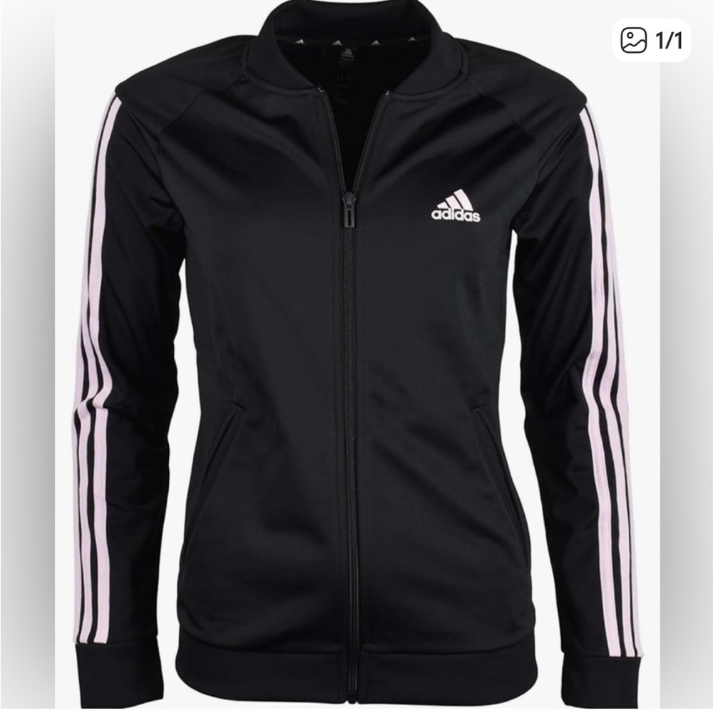 Adidas Women's Black Track Jacket with pink stripes